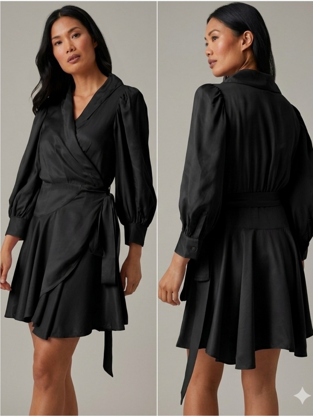 Like New 2x Hudson Black Satin Wrap Mini Dress with Puff Sleeves